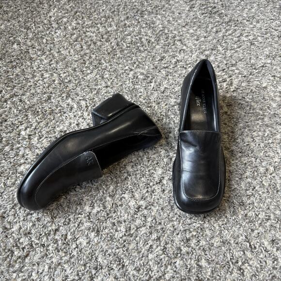 Anne Klein Loafers Shoe Chunky Block Heel Black Leather Square Toe 90s Y2K 7.5 - Picture 1 of 9